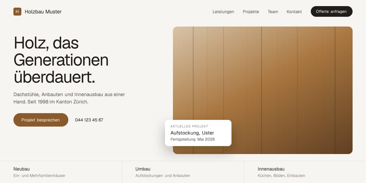 Dieselbe Seite neu aufgebaut: klare Typografie, deutlicher Handlungsaufruf, ruhige Bildflächen