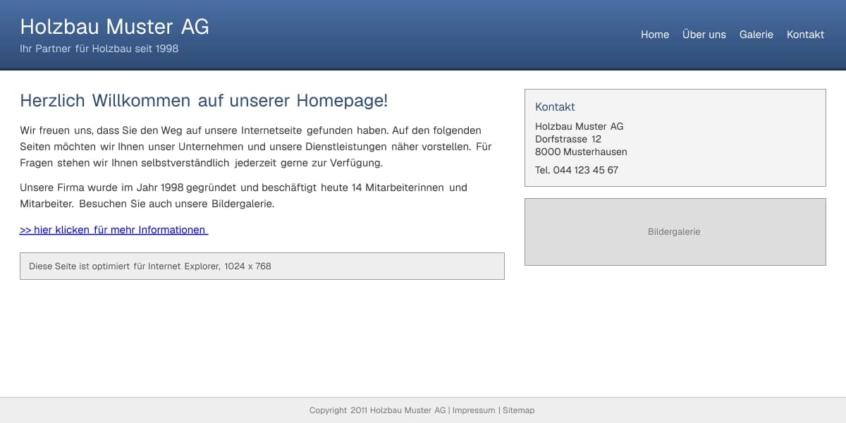 Beispielhafte Unternehmensseite im Stand von 2011: blauer Verlaufsbalken, langer Fliesstext, Hinweis auf Internet Explorer